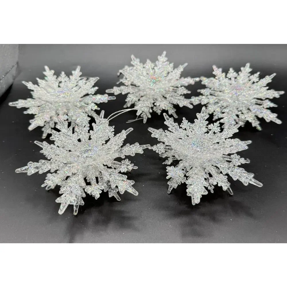 Beautiful Acrylic 3D Iridescent SNOWFLAKE Christmas Ornaments Set Of 5 -LO23